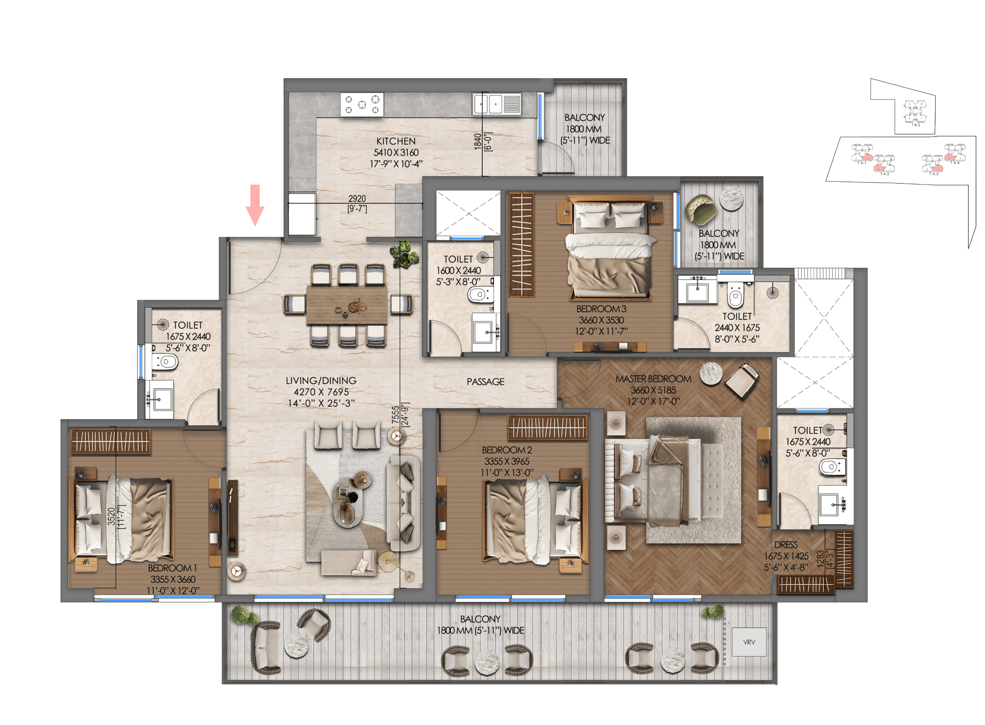 4 BHK Luxury floor plan, 2500 sq.ft., Tonino Lamborghini Residences